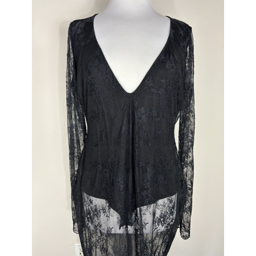 Skims Ultra Fine Lace Plunge Long Sleeved Maxi Dress Onyx Sz 2X Sexy Edgy Dark - Picture 6 of 10